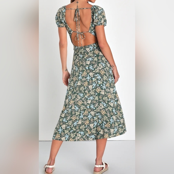 Lulus Meadow Muse XXL Green Floral Tie-Back Puff Sleeve Midi Dress, Size XXL - Picture 7 of 12